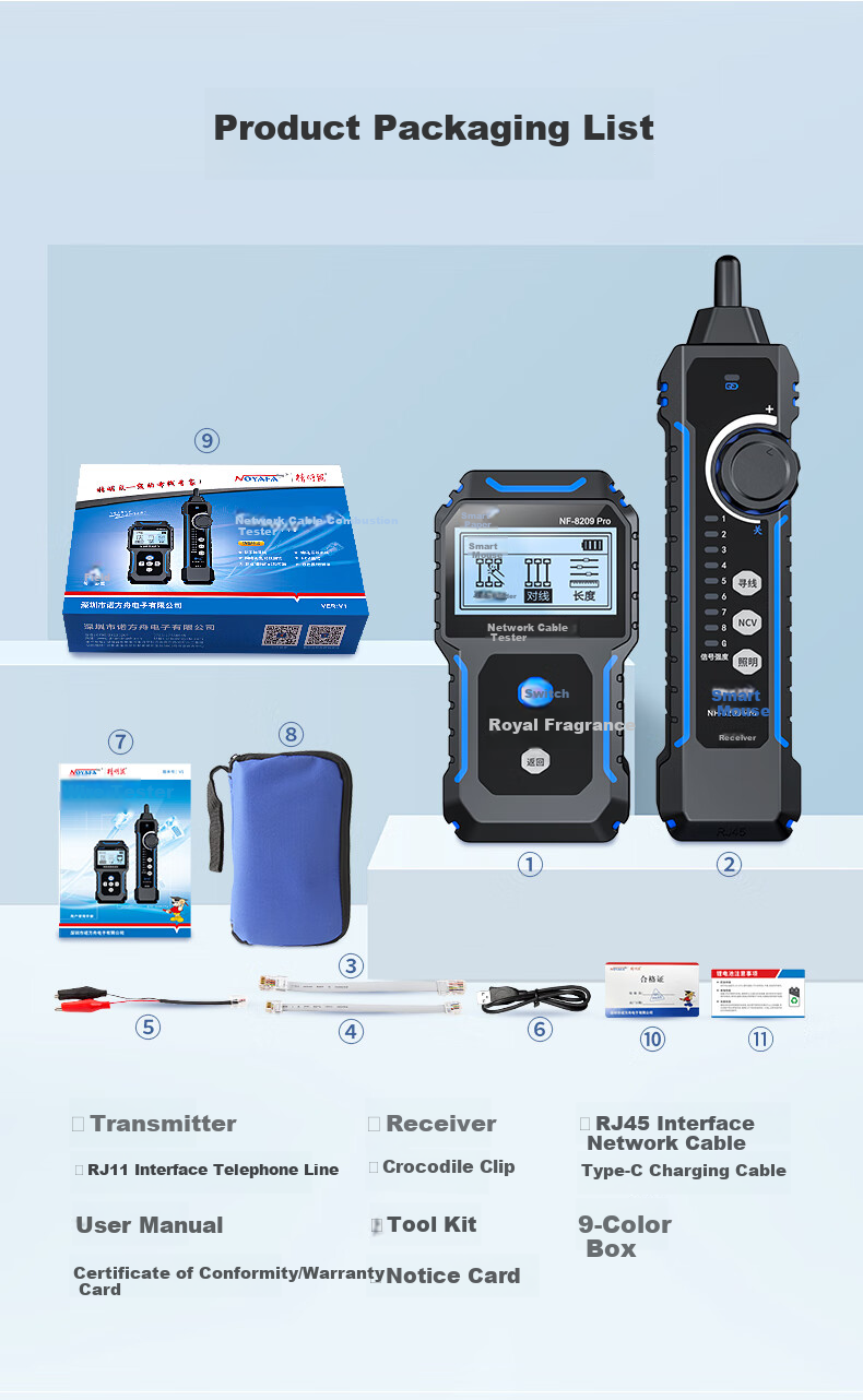 Jingmingshu NF-8209pro Cable Tester, Network Cable Finder, Multifunctional Network Length And Breakpoint Tester, POE Live Wire Tracer, Anti-Interference, Noise-Free 12