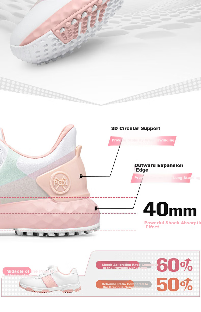 PGM Women's Waterproof Golf Shoes with Rotary Laces, Non-Slip Sneakers, Golf Cleats, White And Pink, Size 38 5