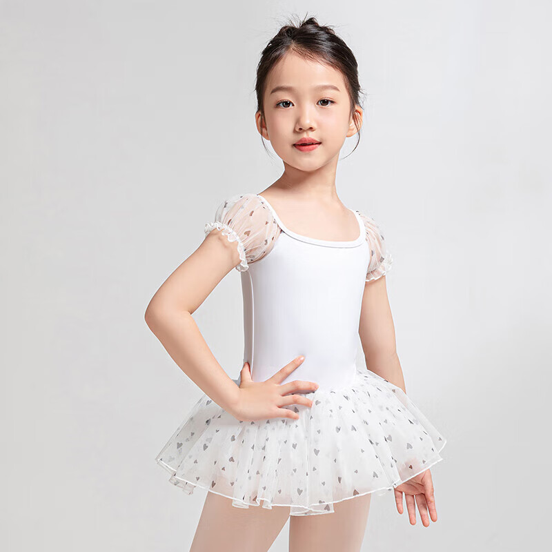 Sansha Children's Dance Tutu, Ballet Leotard for Girls, Heart-Shaped Puff Sleeve Performance Dress with Open Crotch, White, Size M