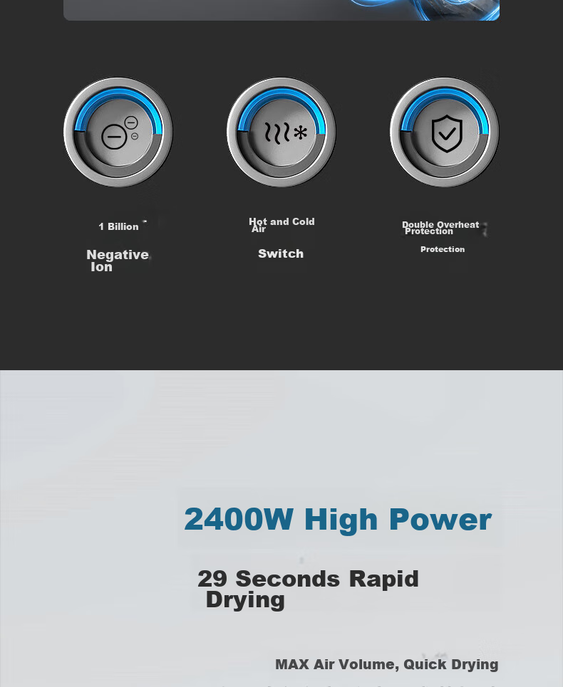 AUX Hair Dryer with Blue Light Negative Ions, 2400W High Power, Gentle on Hair, Electric Fan Blower for Home Use, Professional Salon Use 4