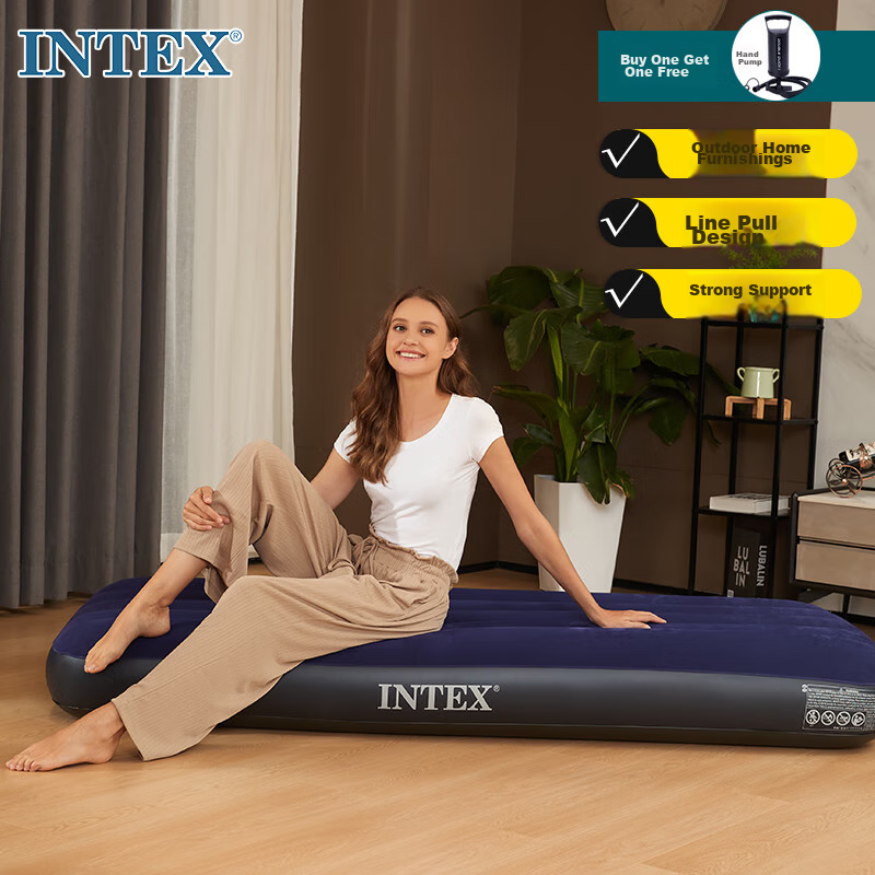 INTEX Car Air Bed, Striped Flocked Single Inflatable Mattress, Portable Home Outdoor Tent Pad, Folding Bed, 64756N