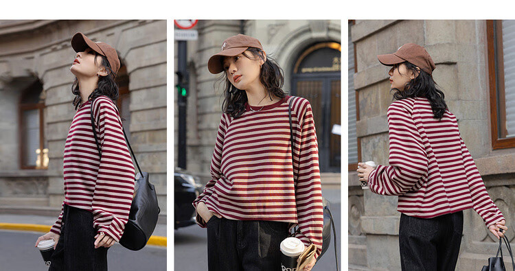 Dme [Urban Parallel Lines] Spring Retro Color-Block Striped Crew Neck Top, Loose-Fitting, Flattering, Comfortable, Versatile Women's Sweatshirt 3