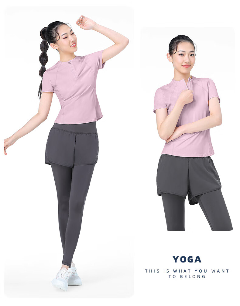 CAMEL Women's Sports Set, Summer New Style Running Yoga Fitness Short-Sleeve Shorts with Lining, Casual Elastic Sportswear 29