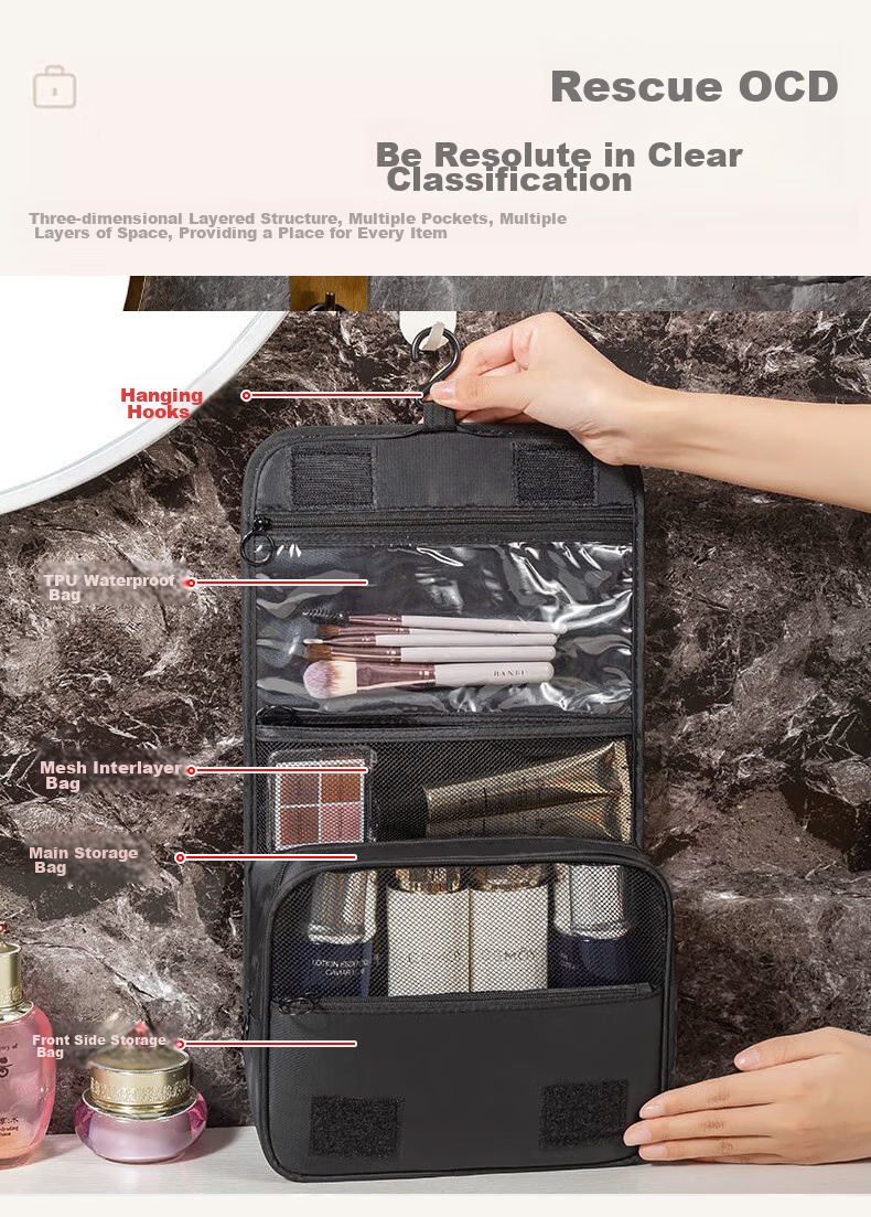 Jinghuisichuang Toiletry Bag, Travel Makeup Organizer, Wet And Dry Separation, Large Capacity, Hanging-Ready, Black 3