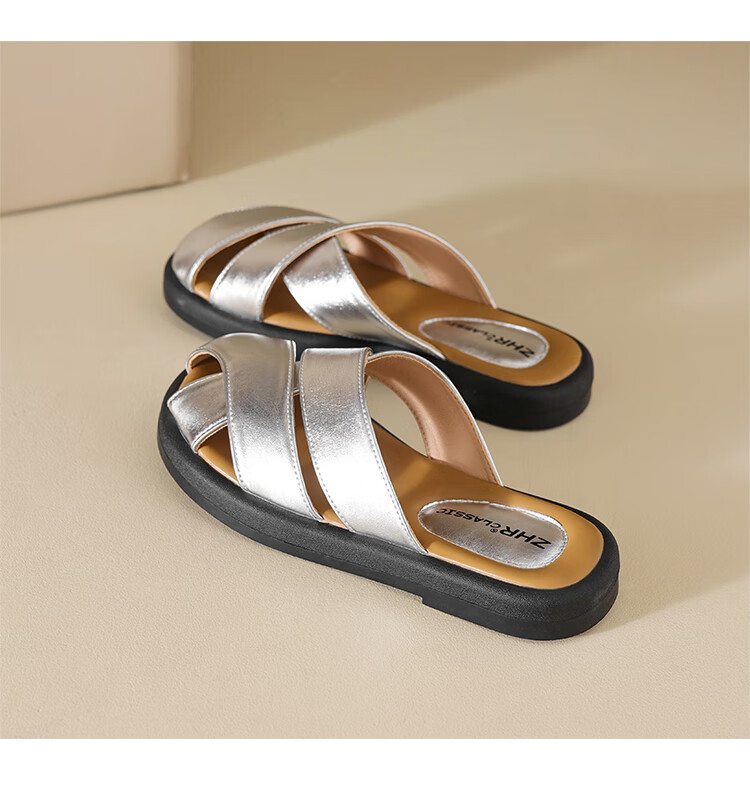 ZHR Women's Half Slippers, New Summer Style with Cross Straps And Closed-Toe Design, Fashionable Outdoor Sandals for Women, AB12 Beige Color, Size 40 18