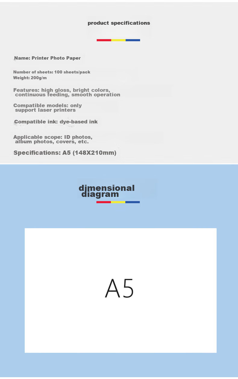 TRNFA A5 Double-Sided Coated Paper, 100 Sheets Printer Photo Paper, 200G Coated Paper, 200g Colored High-Gloss Photo Paper, Only Compatible with Laser Printers 2