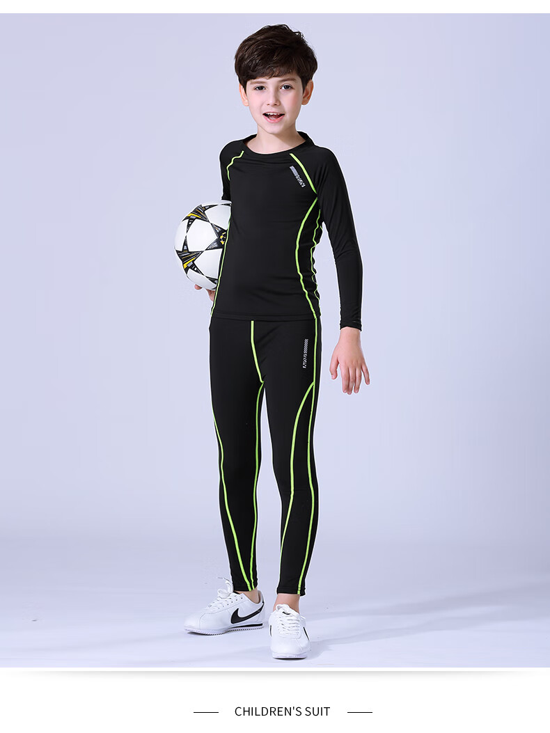 BURUITE Children's Quick-Dry Sportswear Set, Basketball And Soccer Training Fitness Wear, Tight-Fitting Shirt for Boys, Running, Skiing, Badminton Outfit 10