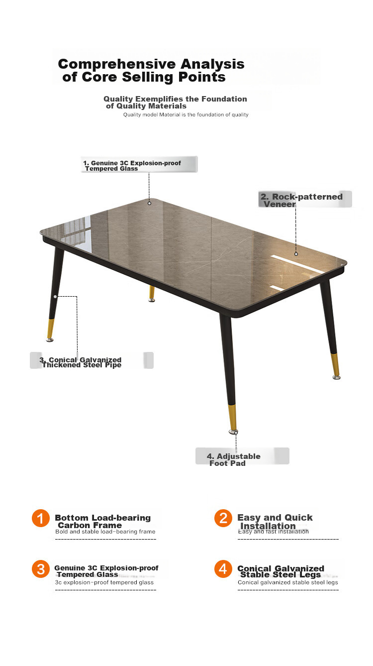 Fanshe Dining Table Set for Home Use, Suitable for 4-6 People, Rock Slab Pattern Glass Table with Chairs for Small Apartments 2