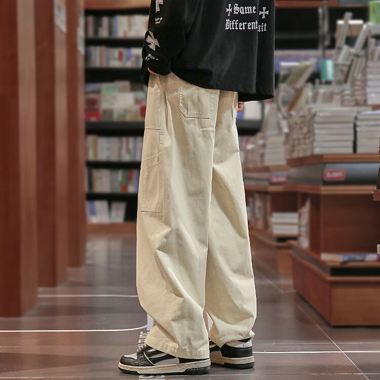 Homlean Japanese-Style Literary Casual Pants for Men, Summer Niche Trendy Straight-Leg Cargo Trousers HG01 Khaki S 4