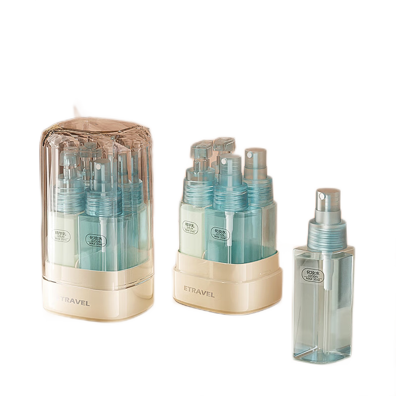 Etravel Five-In Set of Storage Bottles, 4-Pack: Spray Bottles, Toiletry Cups, Sample Cosmetic Bottles, Blue
