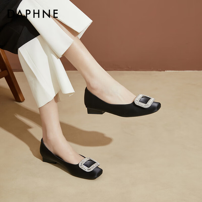 DAPHNE Women's Mid-Heel Comfortable Soft-Soled Flats, Versatile Slip-On Professional Leather Shoes, Black, Size 35