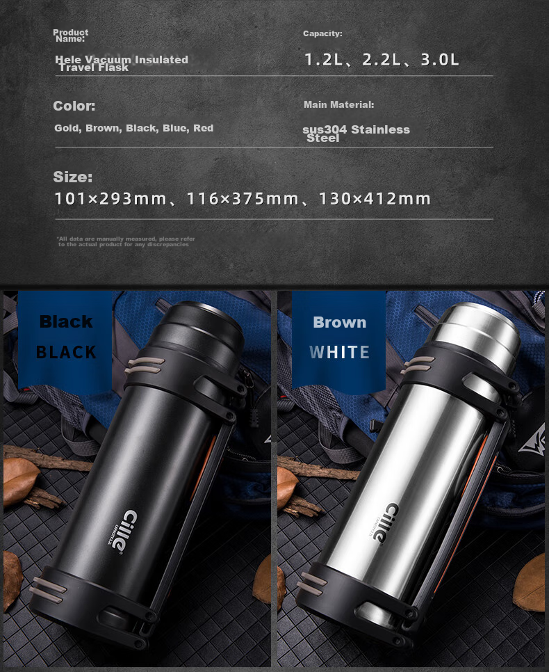 Cille Large Capacity Travel Kettle 304 Stainless Steel Household Electric Kettle Car-mounted Vacuum Outdoor Insulated Water Bottle Black 1.9L 10