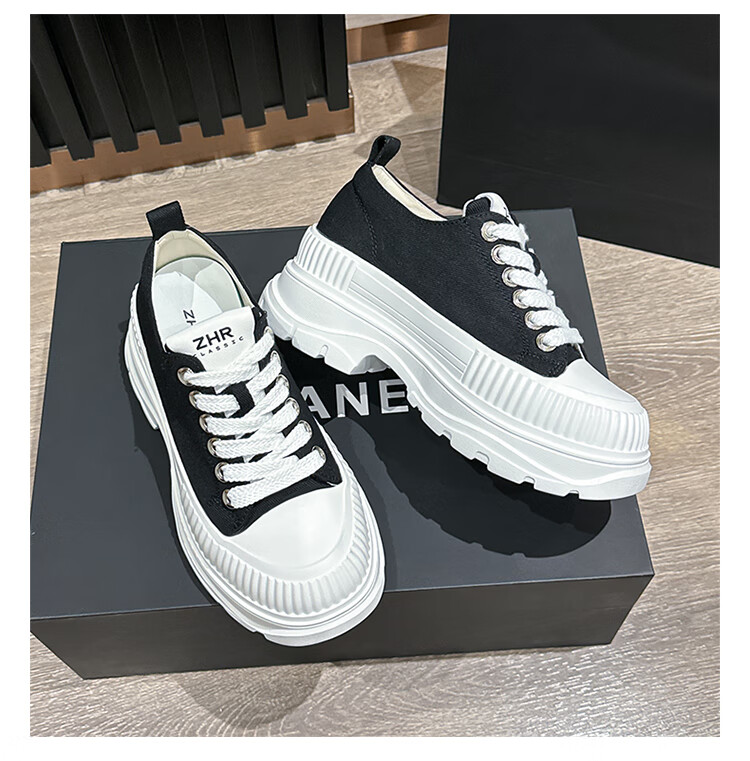 ZHR Canvas Shoes for Women, Lace-Up Thick-Soled Heightening Women's Shoes, Simple Versatile Casual Shoes, QT05 Black, Size 37 15