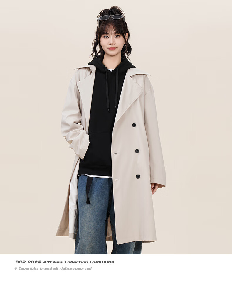 NASA GOOD Mid-Length Trench Coat for Men And Women, Autumn Fashion Loose Fit Casual Draping Versatile Jacket for Young People, Khaki, Size L 18