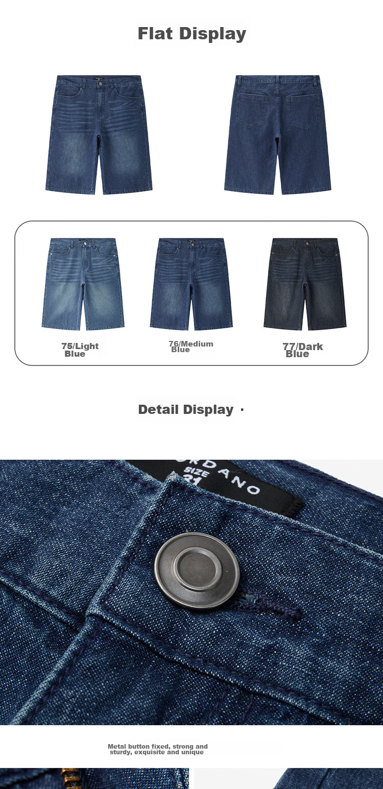 Giordano Men's Denim Shorts, Summer Lightweight Pure Cotton, Whisker Trend, Mid-Rise Straight-Leg Five-Point Shorts for Men, 13103211 18