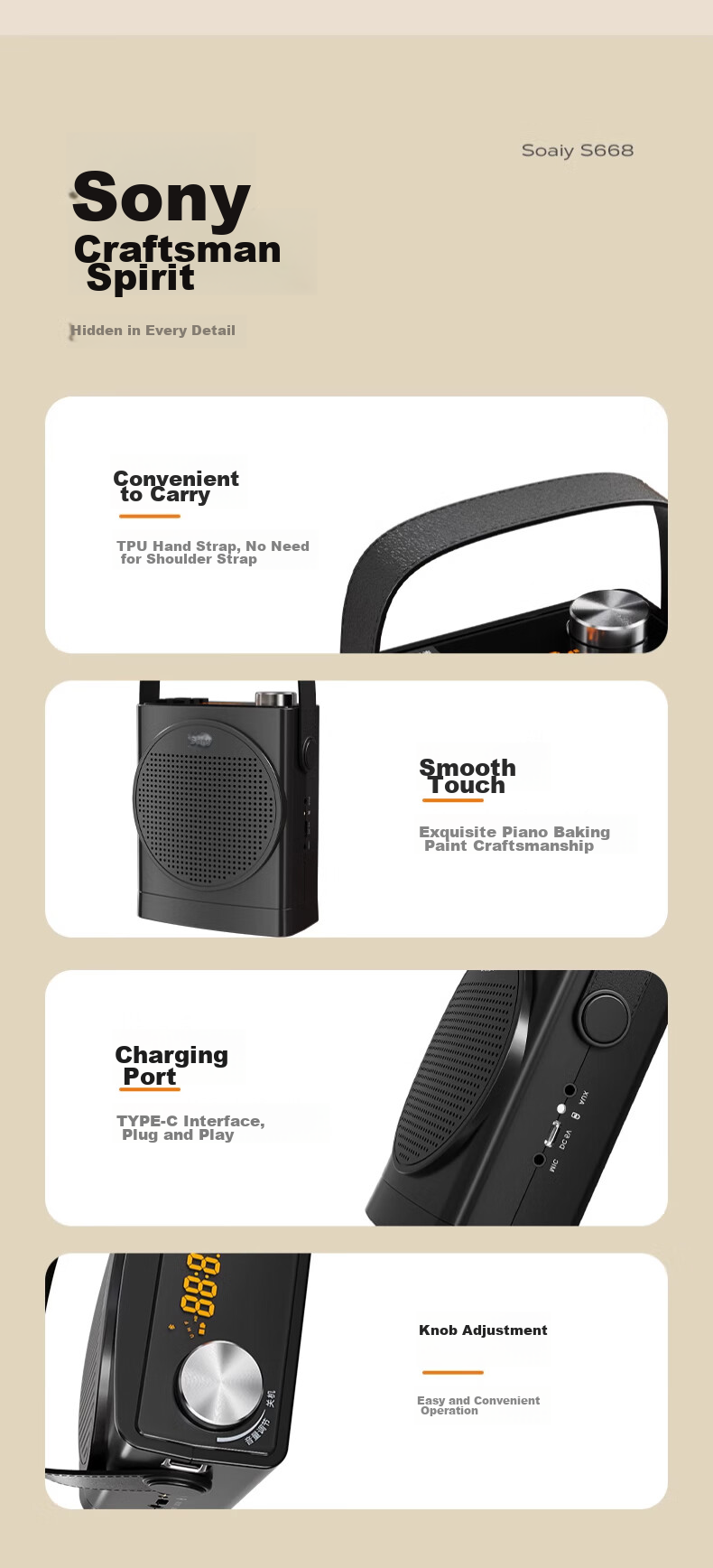 Soaiy S638 Mini Megaphone for Teachers, 18W Power, Smart Anti-Loudness, Built-In 300s Recording, Bluetooth Speaker, Teaching Guide, Shopping Assistant, Public Address System, Type-C, Black 19