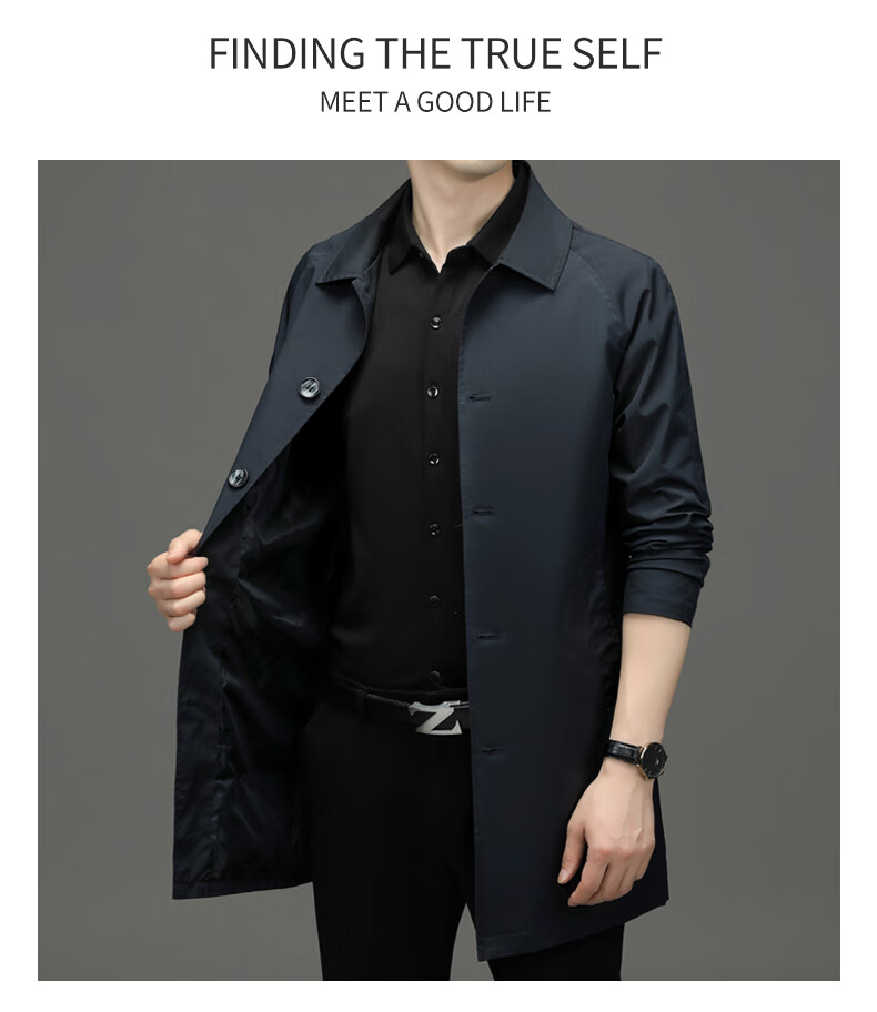 ROMON Men's Trench Coat, Spring And Autumn Business Casual Mid-Length Overcoat, Outerwear Jacket D-2021 Black XL 20