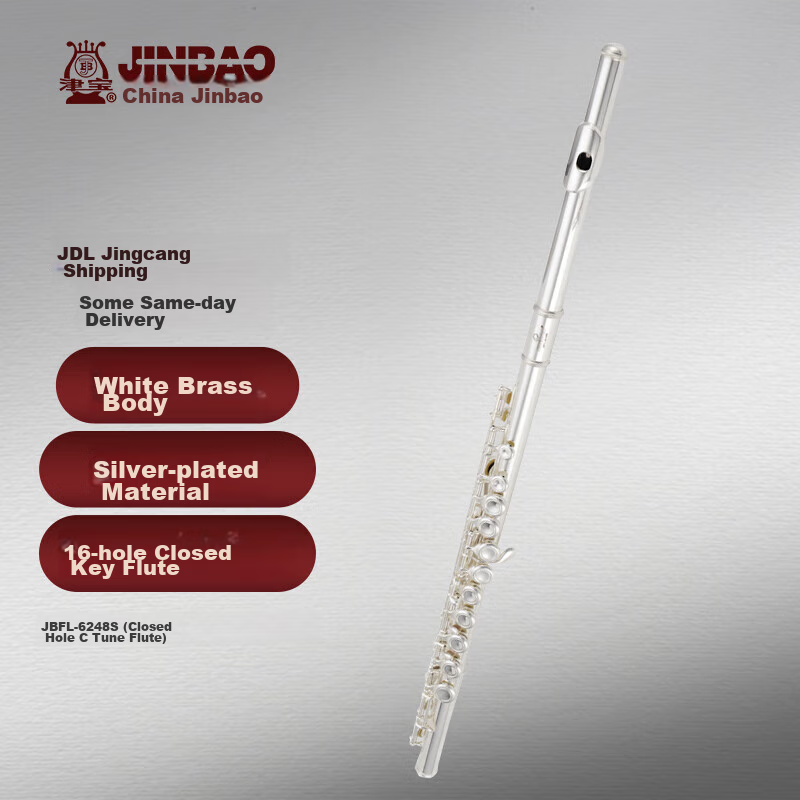 Jinbao Flute Instrument JBFL-6248S Closed Hole 16-Hole C Key for Adults, Students, School Bands, Universal Western Flute
