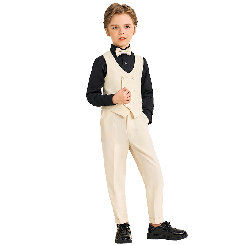 Luomeng Boys' Suit Set, Baby's First Birthday Formal Wear, Children's Wedding Flower Boy Outfit, Beige Vest Set, Size 80