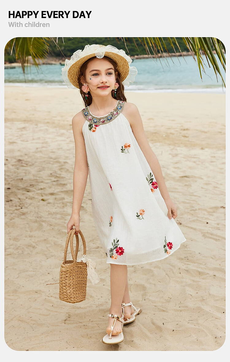 ASK JUNIOR Girls Summer Dress Lightweight Embroidered Sleeveless Dress Beach Vacation Children's Dress White 7