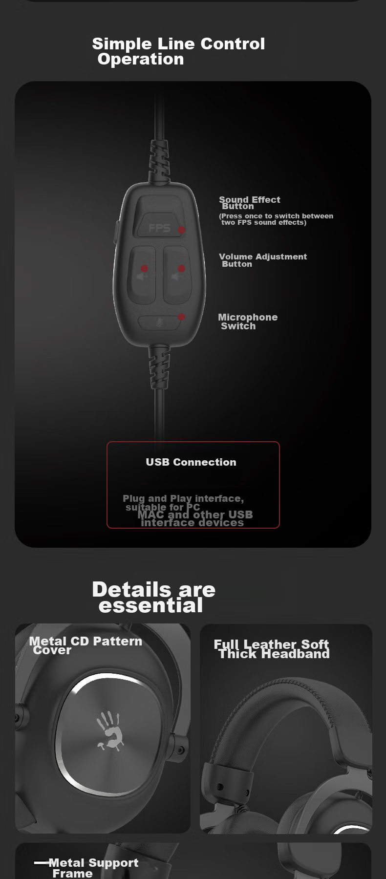 A4TECH M760 Wired Gaming Headset, Over-Ear Blood Hand Phantom 7.1 Sound, FPS Battle Royale Essential, CSGO Computer E-Sports Delta Valorant Headset, Elegant Black 9