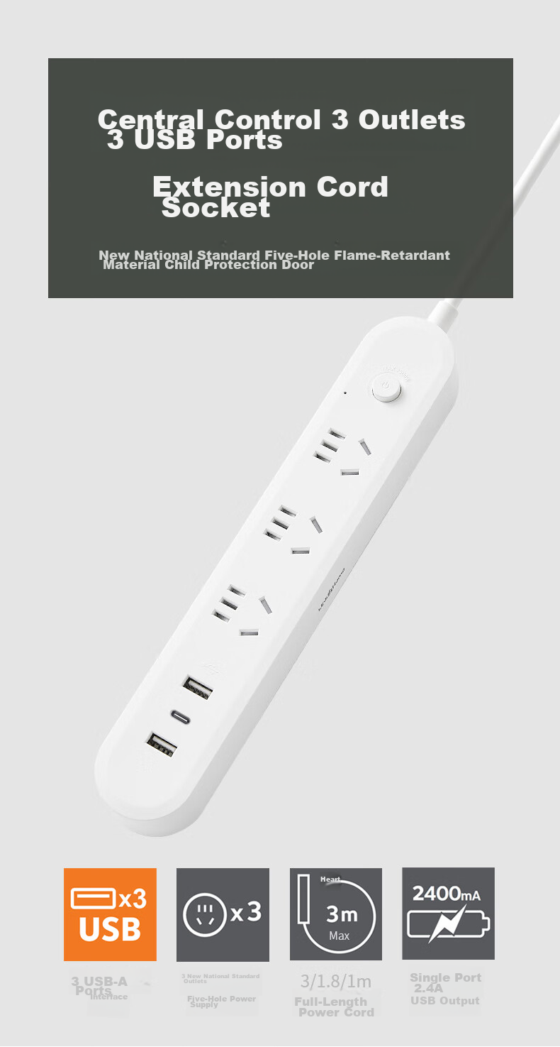Jiwuqingzhi Multifunctional USB Colorful Power Strip with Type-C Port, 30W Fast Charging PD Power Strip/Extension Cord/Power Bar, Compatible with Apple 16, Huawei, Xiaomi Phones, Tablets, IPad 2
