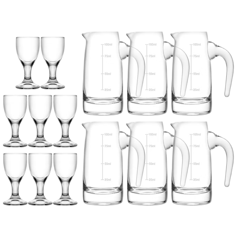 CLITON Liquor Decanter Set with Glass Pourer, High-Stem Glasses, Small Wine Cups with Handles, And 6 Decanters for Strong Alcohols, 8 Glasses in Total