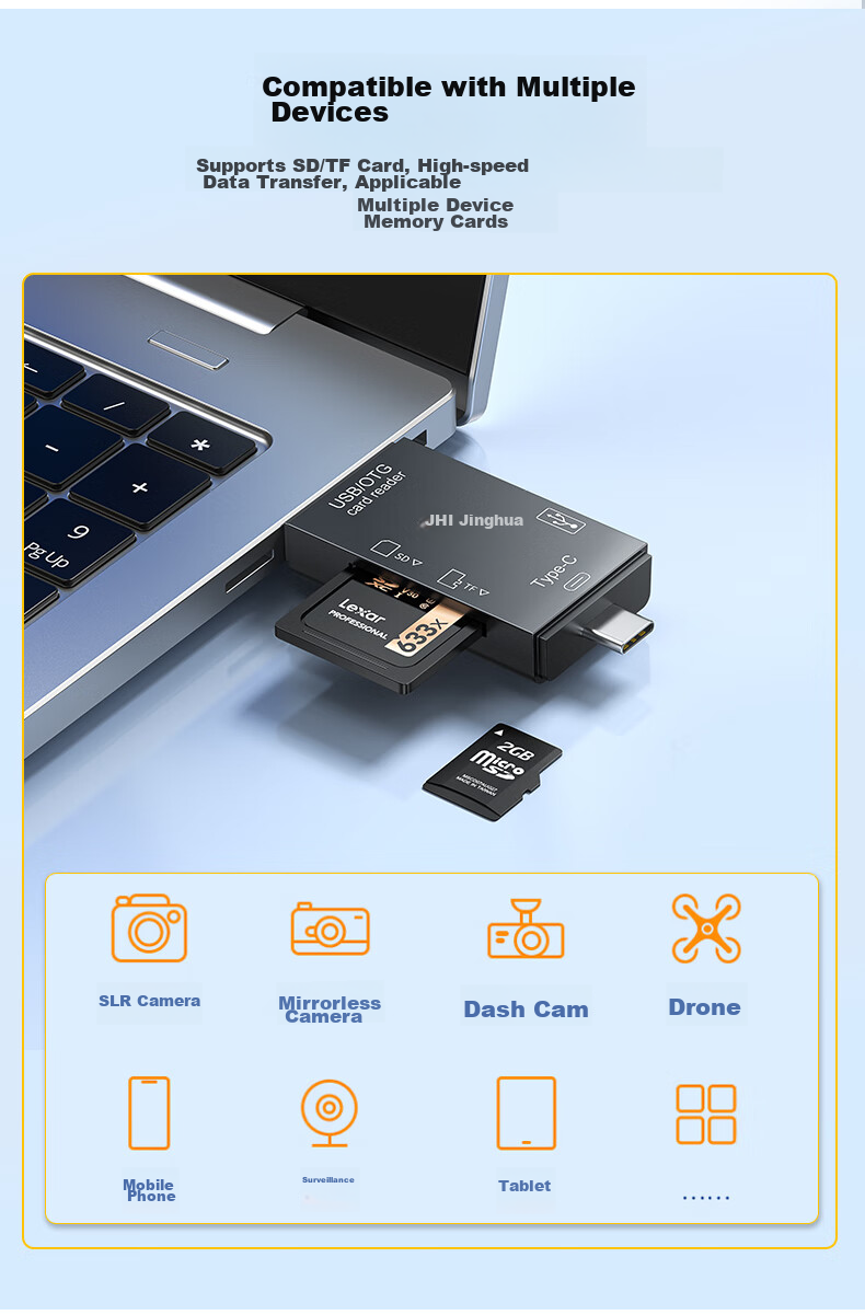 Jinghua USB Multi-Function High-Speed Card Reader SD/TF Six-In Card Reader Supports Phones, Laptops, DSLR Cameras, Dash Cams, Memory Cards Black N452 9