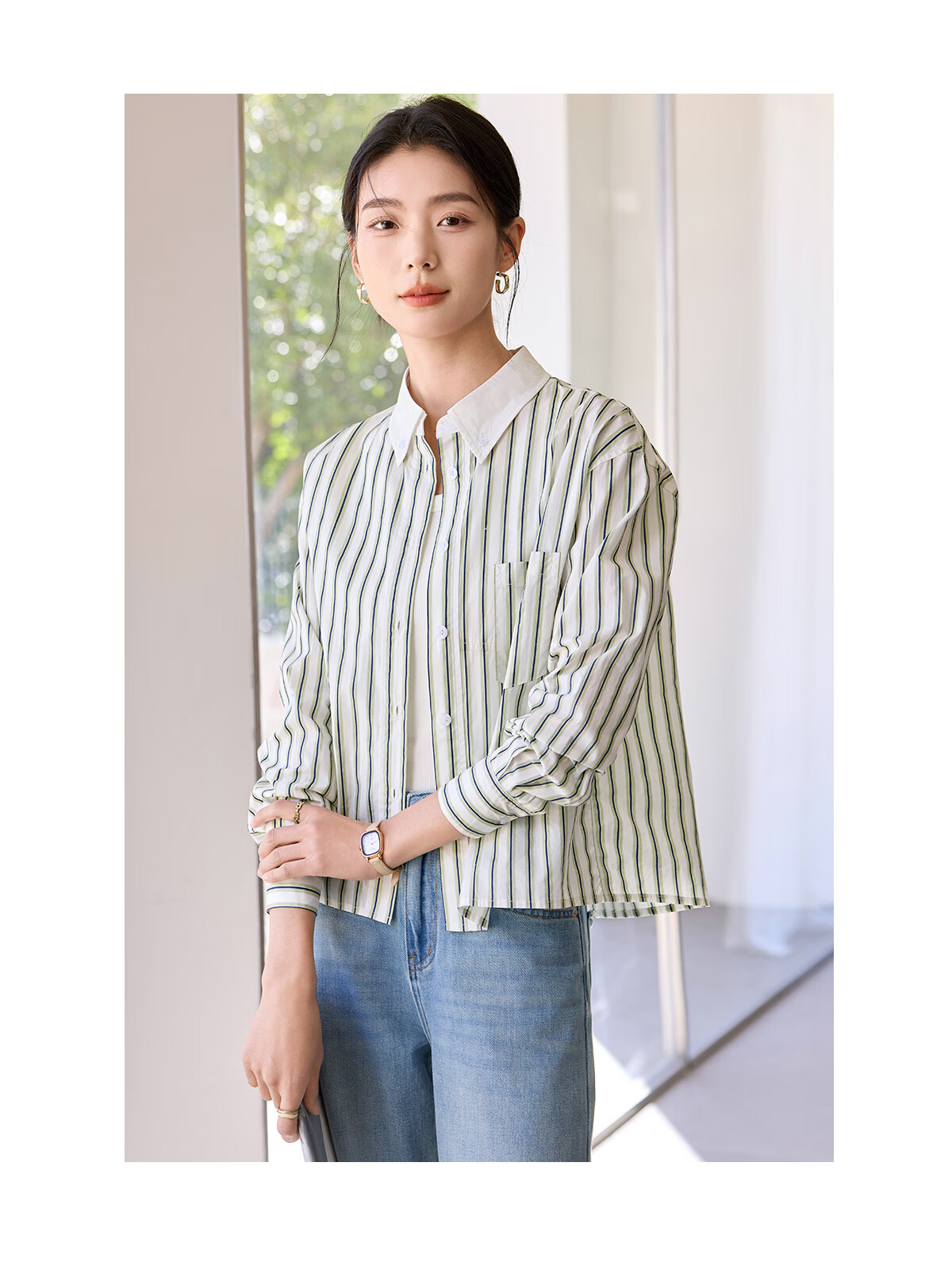 Chushen Women's Long-Sleeve Shirt, Contrasting Color Lapel, Classic Striped Short Casual Commuter Pure Cotton Blouse S51S043 21