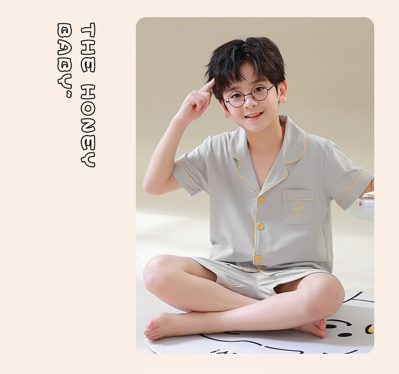 Hengyuanxiang Children's Pajamas, Boys' Pure Cotton Summer Thin Short-Sleeve Loungewear, Cardigan Sleepwear And Pajama Pants Set 14