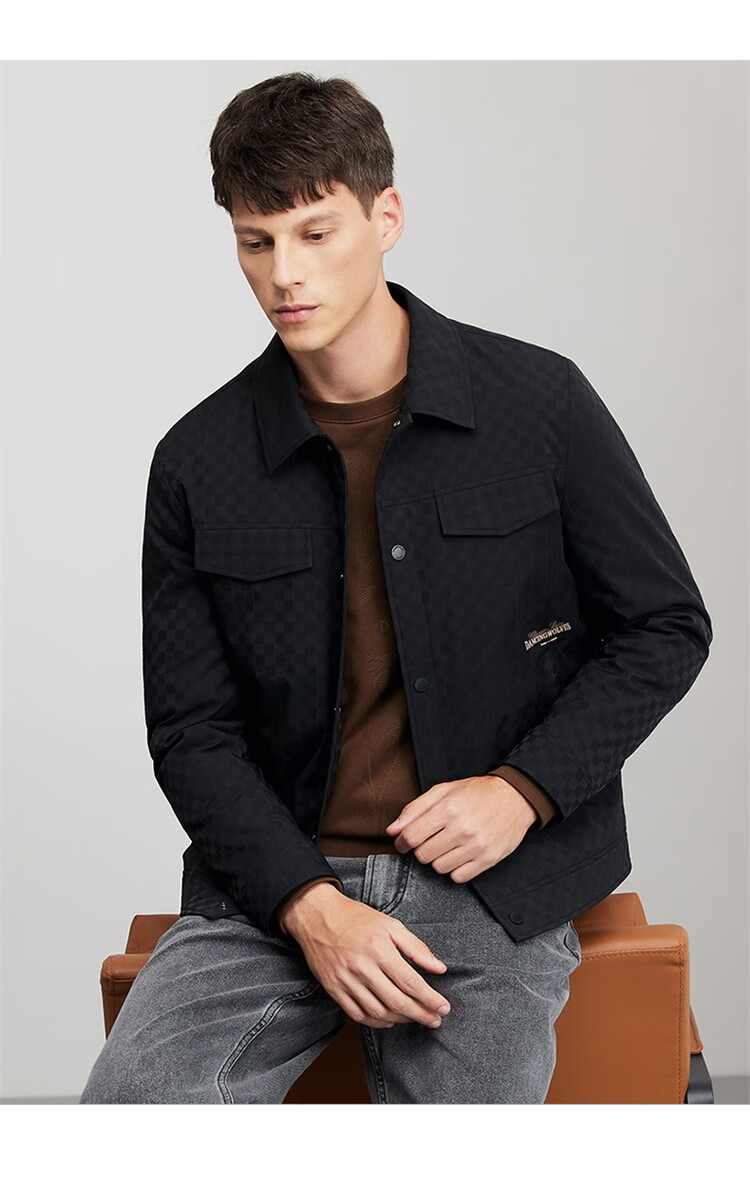 DANCING WOLVES [Trendy Checkered] Lapel Workwear Style Jacket, Easy-Care Men's Coat, 001 Black, S(165) 9