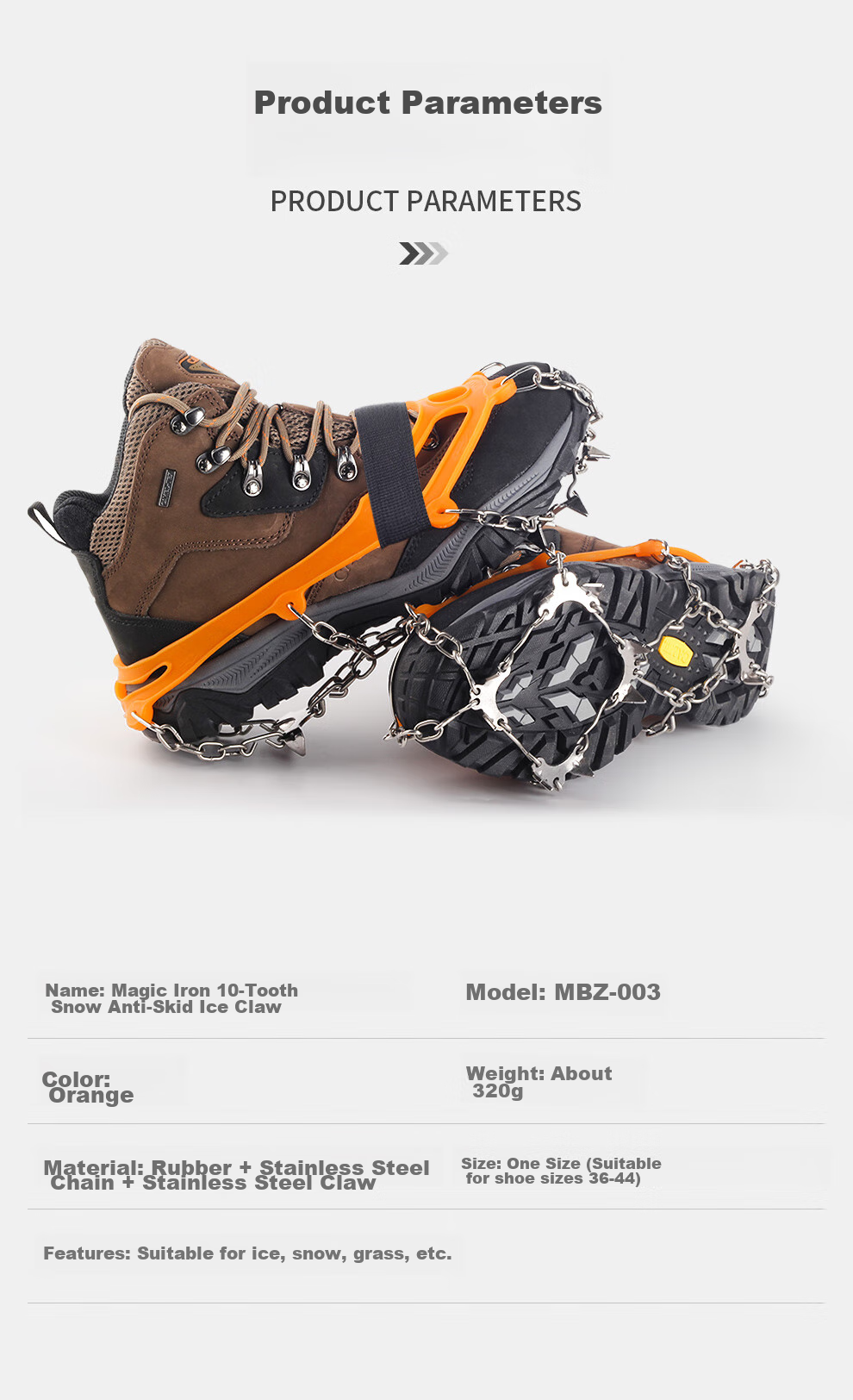 MOTIE Ice Claw Non-Slip Shoe Covers with Cleats, Outdoor Hiking Climbing Equipment, Professional Snow Covers, Mountain Climbing Snow Ice Grips with 10-Toe Chai 12