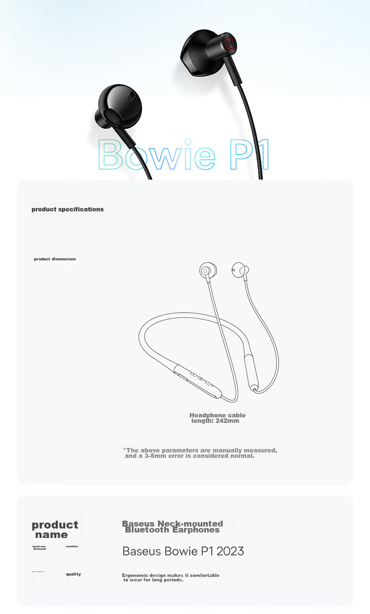 Baseus P1 Upgraded Neckband Bluetooth Earphones with Long Battery Life for Running, Wireless Noise-Cancelling Headphones Compatible with Apple, Huawei, Vivo, Honor, OPPO Phones 15