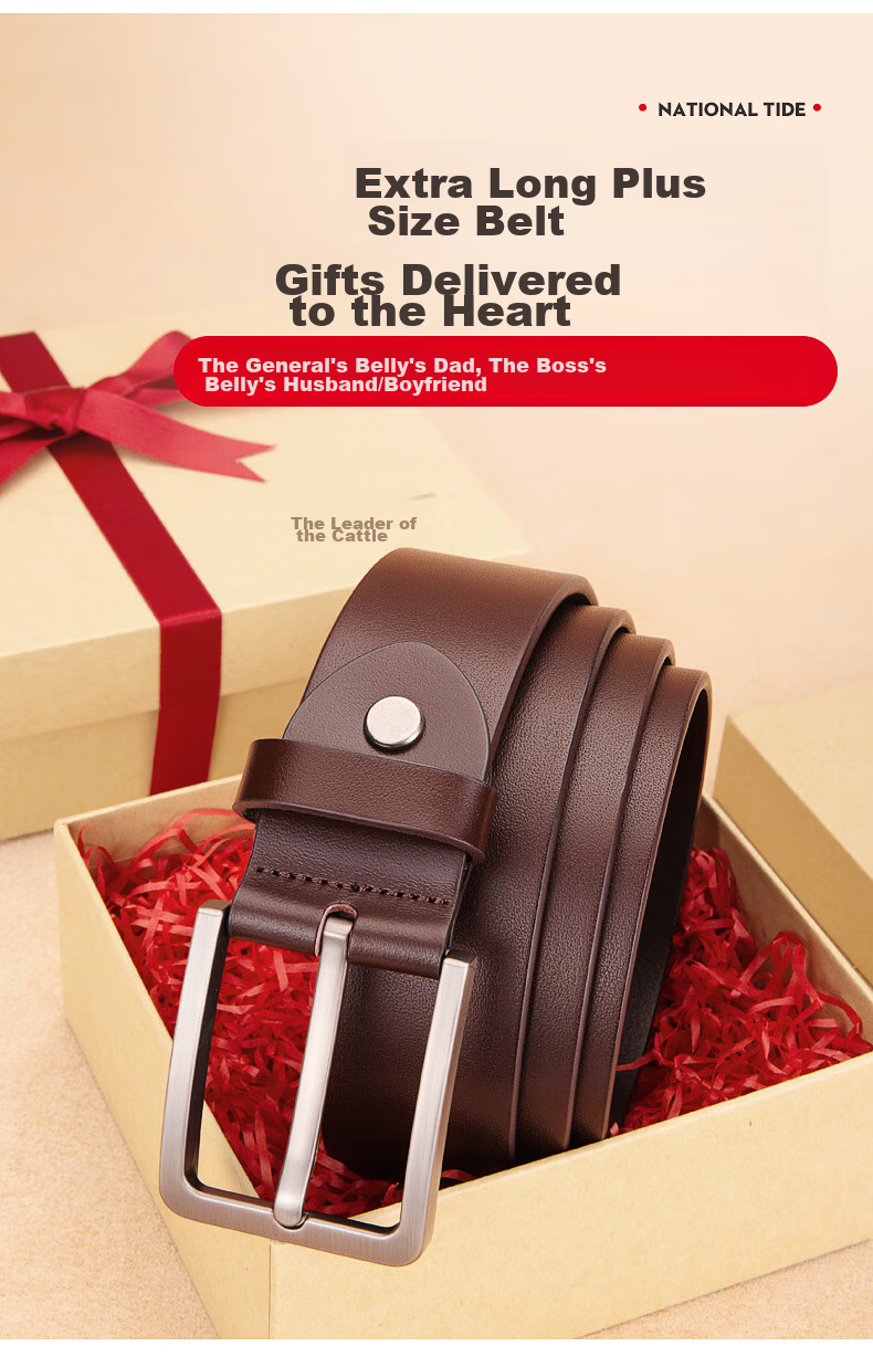 CattleOWN Large Size Belt for Men with Pin Buckle, Extended Top Layer Cowhide Trouser Belt 3037, Dark Brown, 140cm, Gift 8