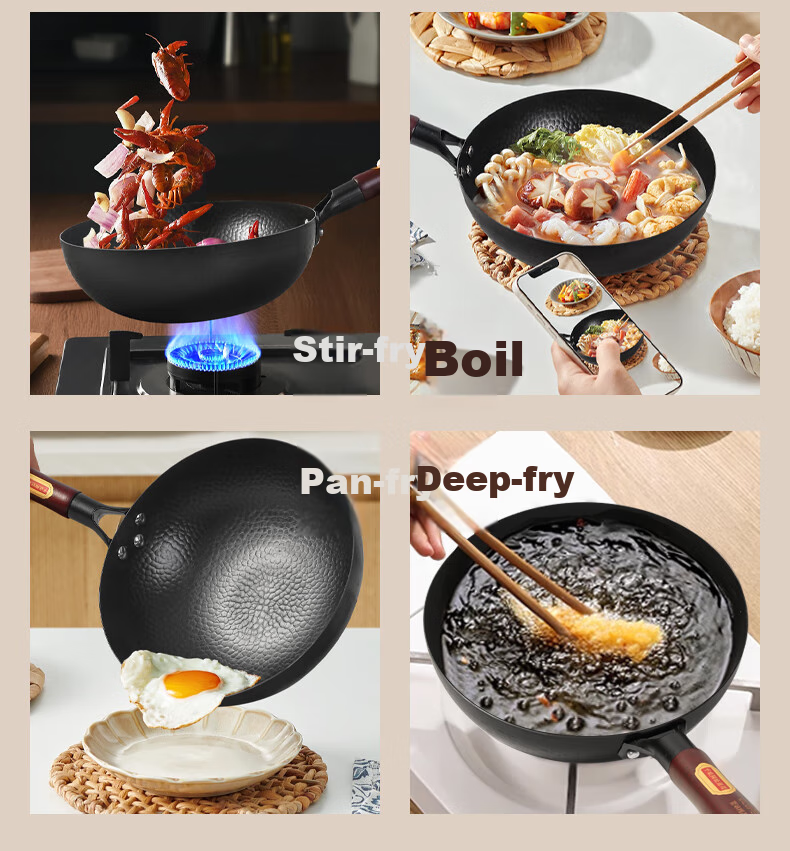 OLOFE Mini Small Iron Wok, Zhangqiu Hammering Craft, Non-Coated, for 1-3 People, Baby Food Cooking Pan, Refined Iron, 26cm 2