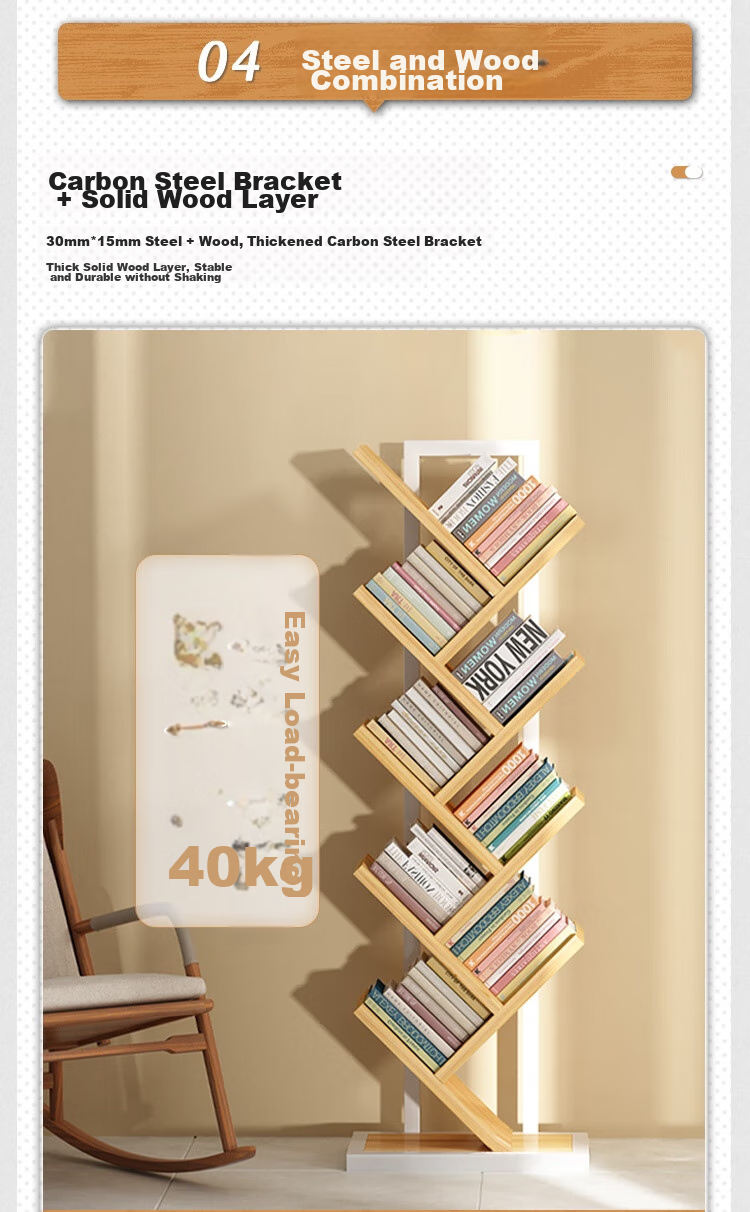 Anerya Tree-Shaped Bookshelf, Floor-Standing Solid Wood Storage Rack, Creative Steel-Wood Multi-Layer Bookcase for Home And Students, 8 Tiers 6