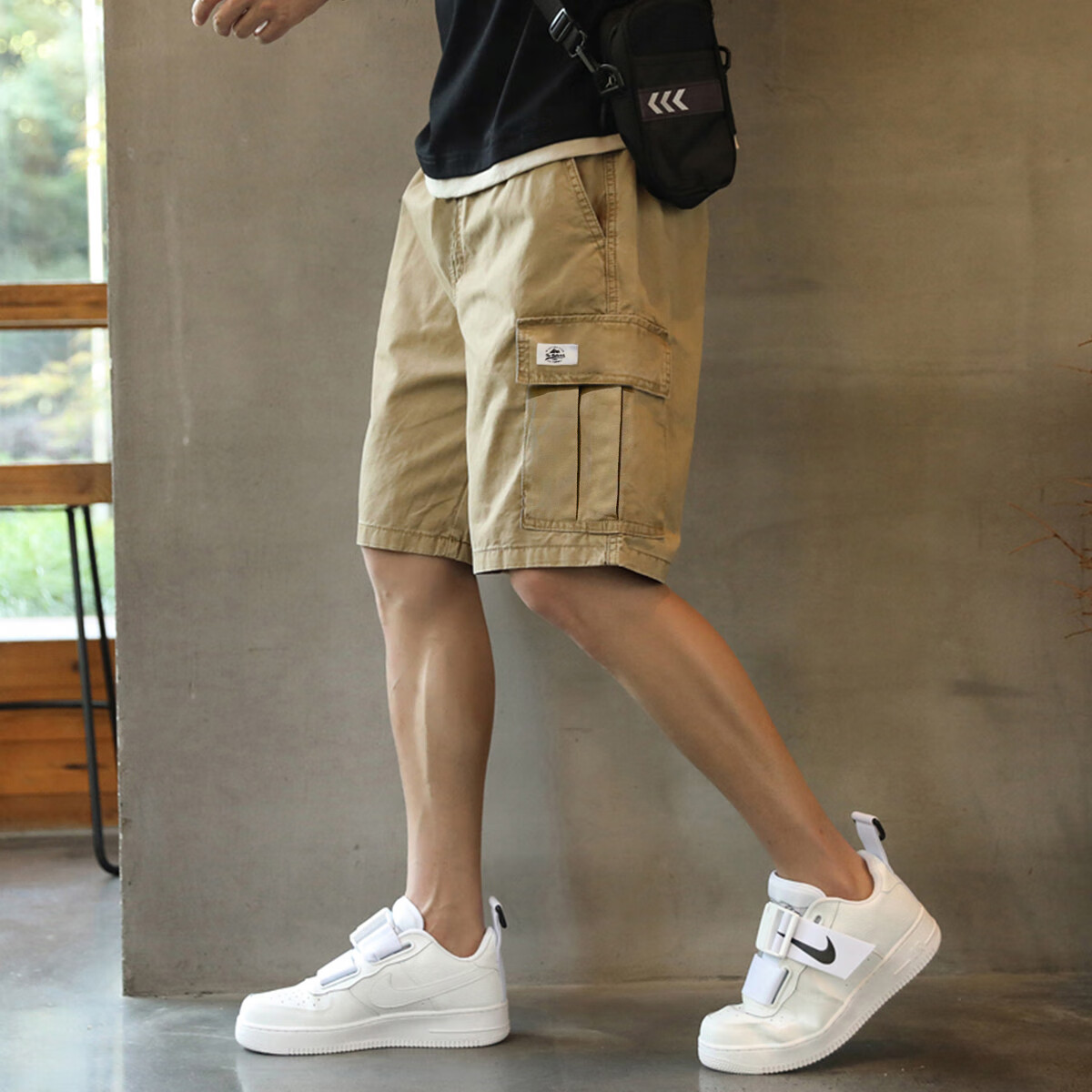 TonLion 2024 Men's Cargo Small Logo Loose Casual Shorts, Khaki, XL