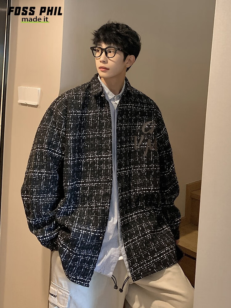Foss Phil Men's Jacket, Spring And Autumn Fashion Brand Chanel-Style Coat, Plaid Lapel, Korean Version Loose Outerwear, FPJK10 Black M 10