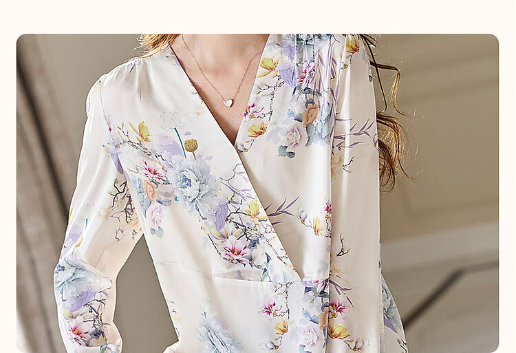 Dme Smooth Shiny Floral Print Women's Shirt, Spring And Autumn New V-Neck Long-Sleeve Blouse, Women's Plant Print Shirt 3