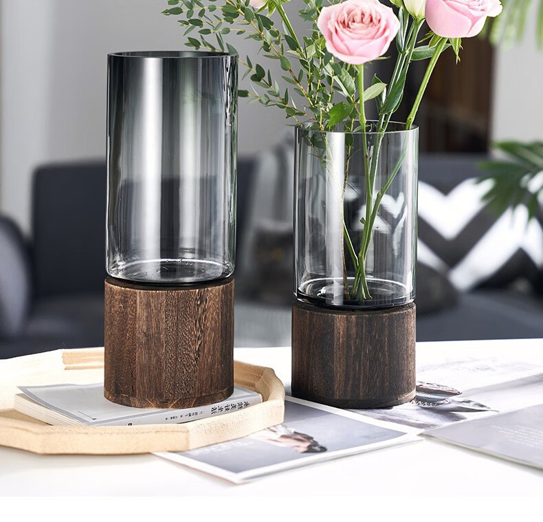 Mudingding Wooden Glass Art Vase, Nordic Light Luxury Minimalist Style, High-End Wooden Base, Water Planting Vase, Gift 5