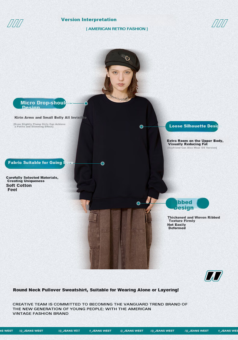 Jeanswest Women's Sweatshirt, New Spring 2025 Style, Round Neck Casual Versatile Jacket, Slimming Simple Loose Fit, Couple's Top 3