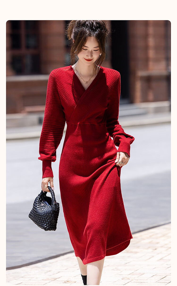 Dme [Lainviliyue] Spring And Autumn Cloud-Soft Elegant V-Neck Cross-Waist A-Line Bodycon Women's Dress 2
