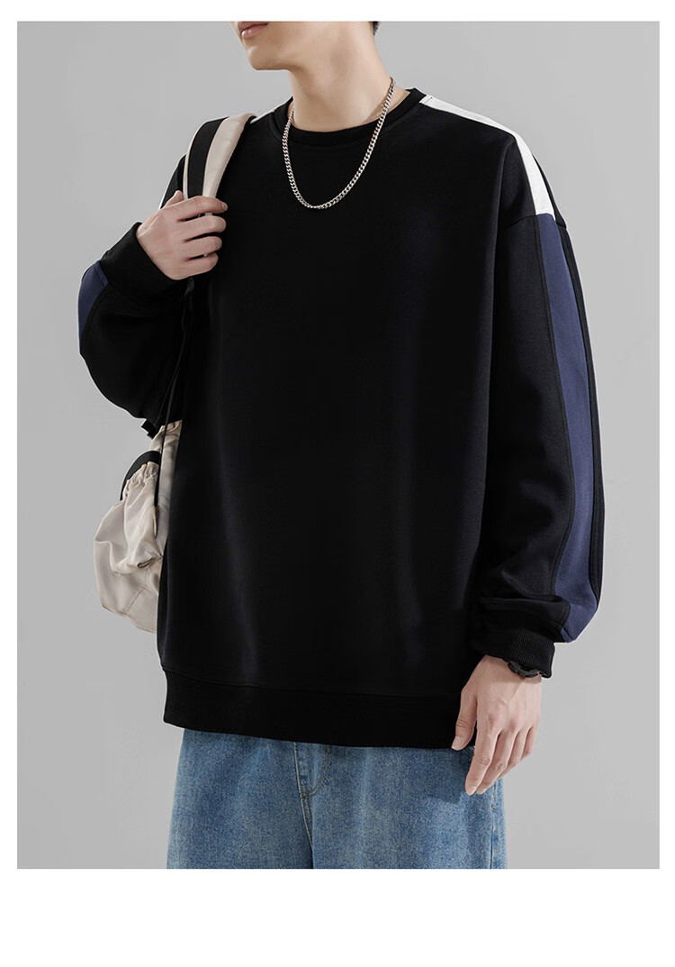 Foss Phil Crew Neck Sweatshirt for Men, Spring And Autumn Loose Casual Patchwork Color-Block Trendy T-Shirt Top 8883 Black M 13