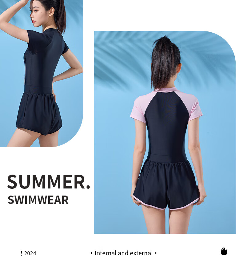 Li-Ning Women's Swimsuit, Fashionable One-Piece Boyleg, Casual High-Waist Slimming, Highly Elastic Breathable Hot Spring Swimwear, 508 Black Pink XL 18