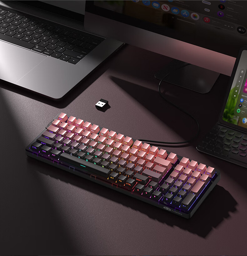 MageGee Light100 Custom Mechanical Keyboard, 99 Keys Wireless Tri-Mode Bluetooth Keyboard, E-Sports Gaming, Business Office, GASKET Structure, Side-Carved Green, Blue Whale Switches 1