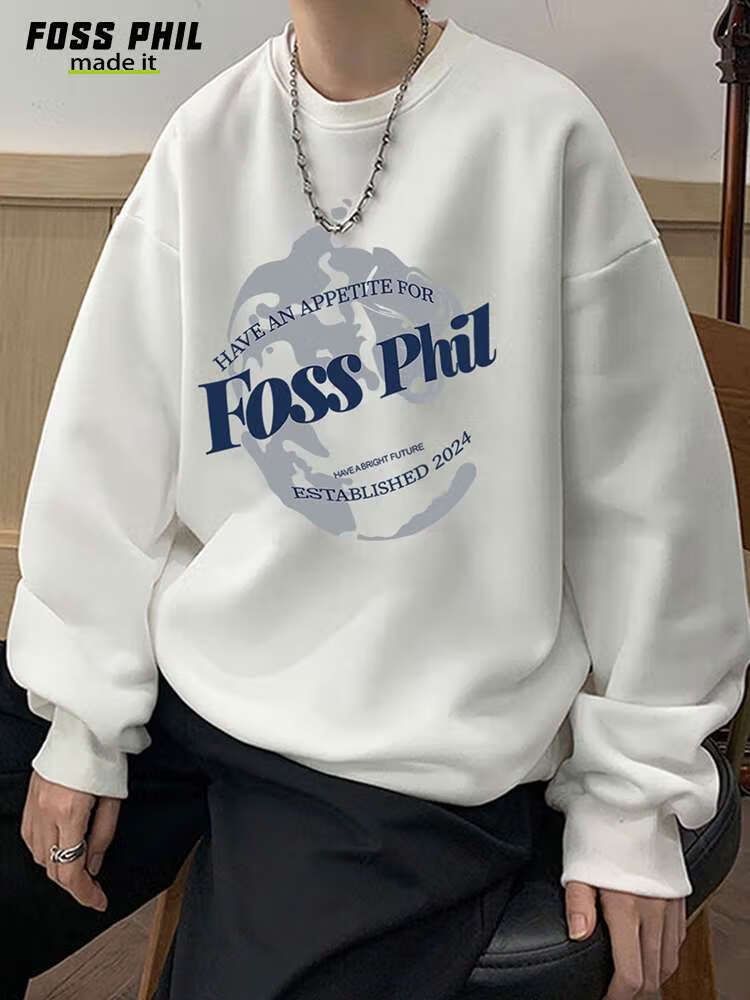 Foss Phil Men's Sweatshirt, Spring And Autumn Fashion Brand, Round Neck Printed Oversized Casual Long-Sleeve Undershirt, FPW1 Black L 5