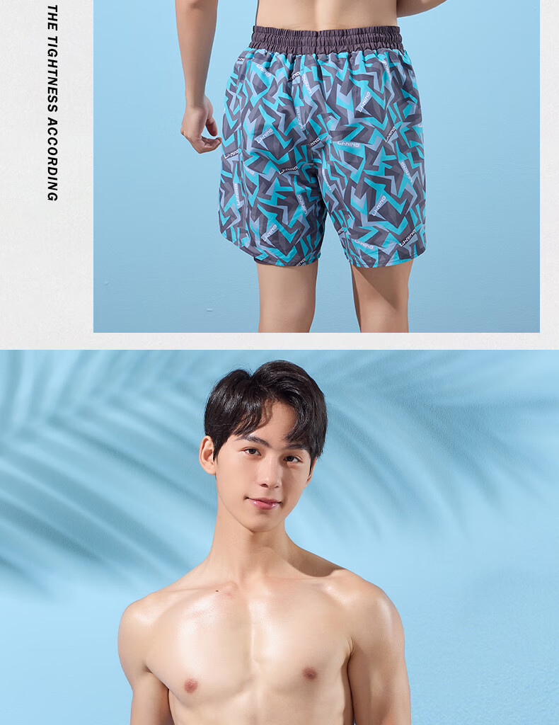 Li-Ning Swimming Trunks for Men, Anti-Embarrassment Knee-Length Double-Layer Swim Shorts, Comfortable High-Elasticity Beach Shorts for Seaside Vacation, 200 Blue-Gray XL 18