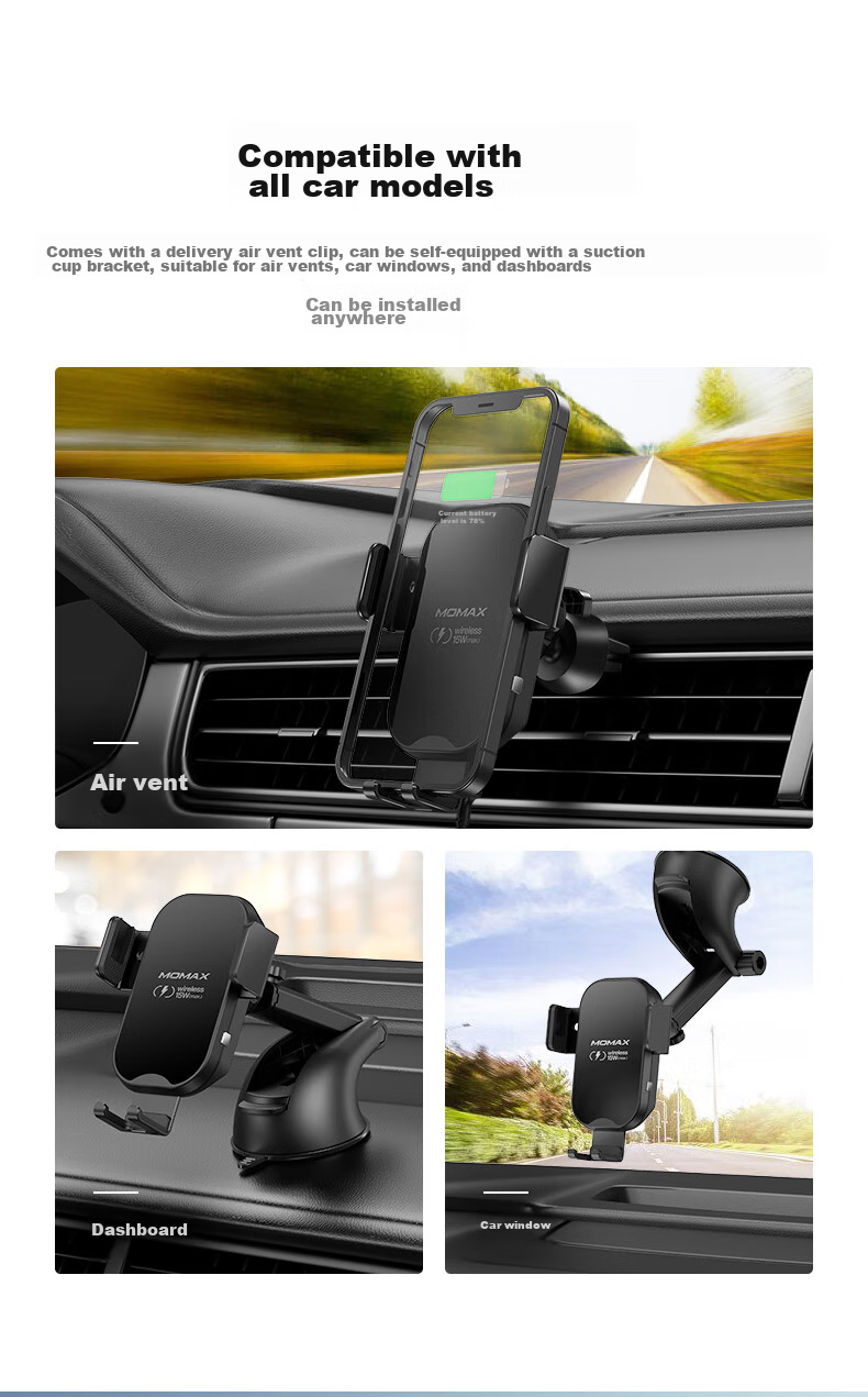 MOMAX Car Phone Holder, 15W Wireless Fast Charging Car Phone Mount, Magnetic Air Vent Navigation Stand 9