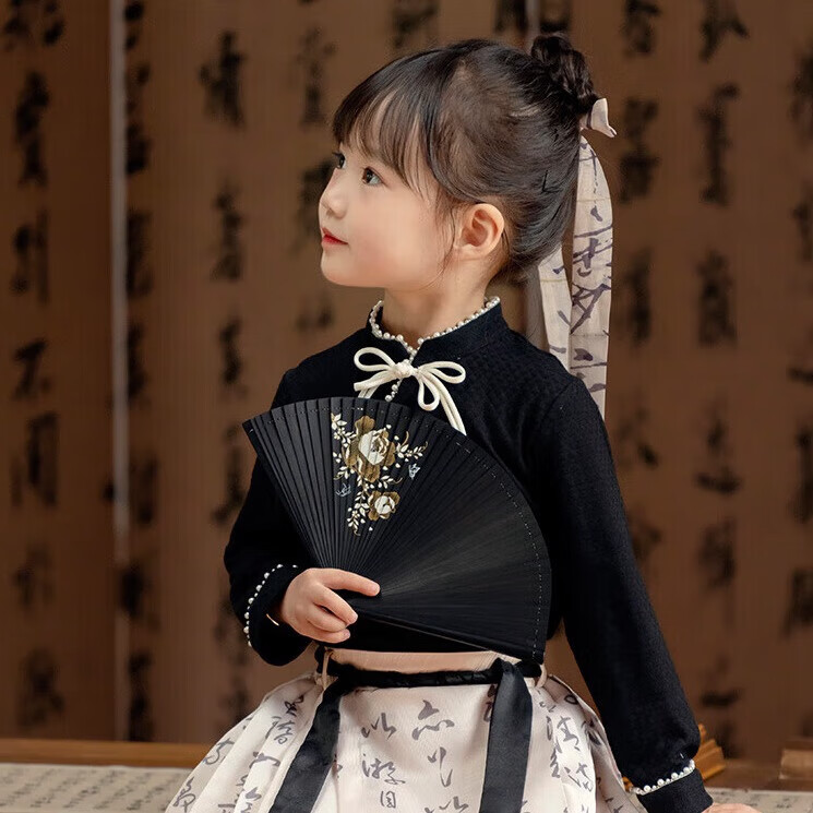 Menghu Lantingxu Hanfu Girls' 2026 Autumn New Chinese-Style Dress, Ming Dynasty Horse-Face Skirt Set, Black Top, Size 120