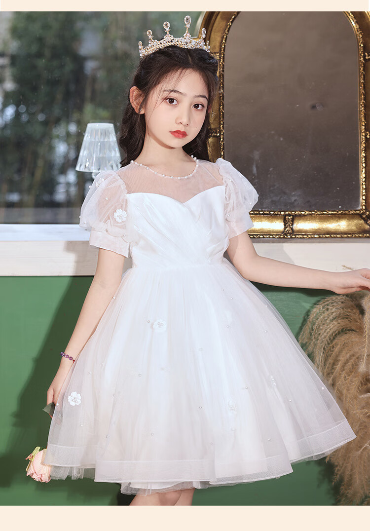 LUOBOBEIBEI Girls' Formal Dress, Children's Birthday Princess Dress, Flower Girl Wedding Dress, Host Piano New Year Costume, White Dress, Size 150 16